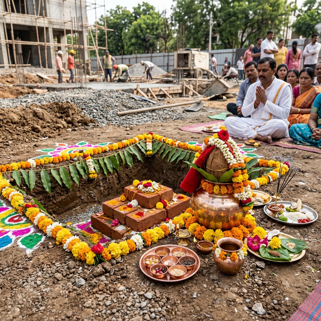 Bhumi & Office Opening Puja - Ceremonial corner digging in Ishanya direction with five sanctified bricks and Kalash