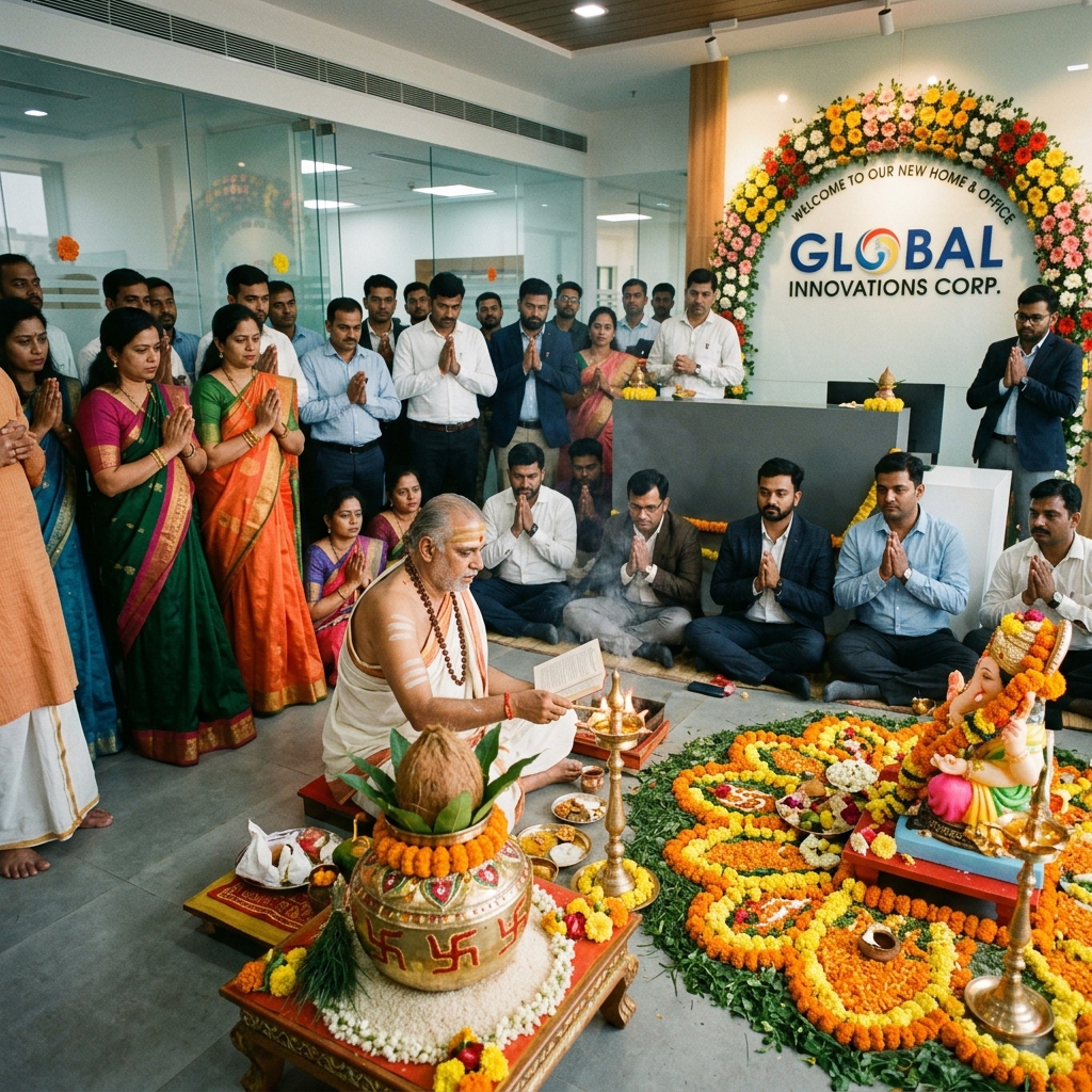 Bhumi & Office Opening Puja - New workplace opening ceremony with ribbon cutting, milk boiling, and Ganesh Lakshmi pujan
