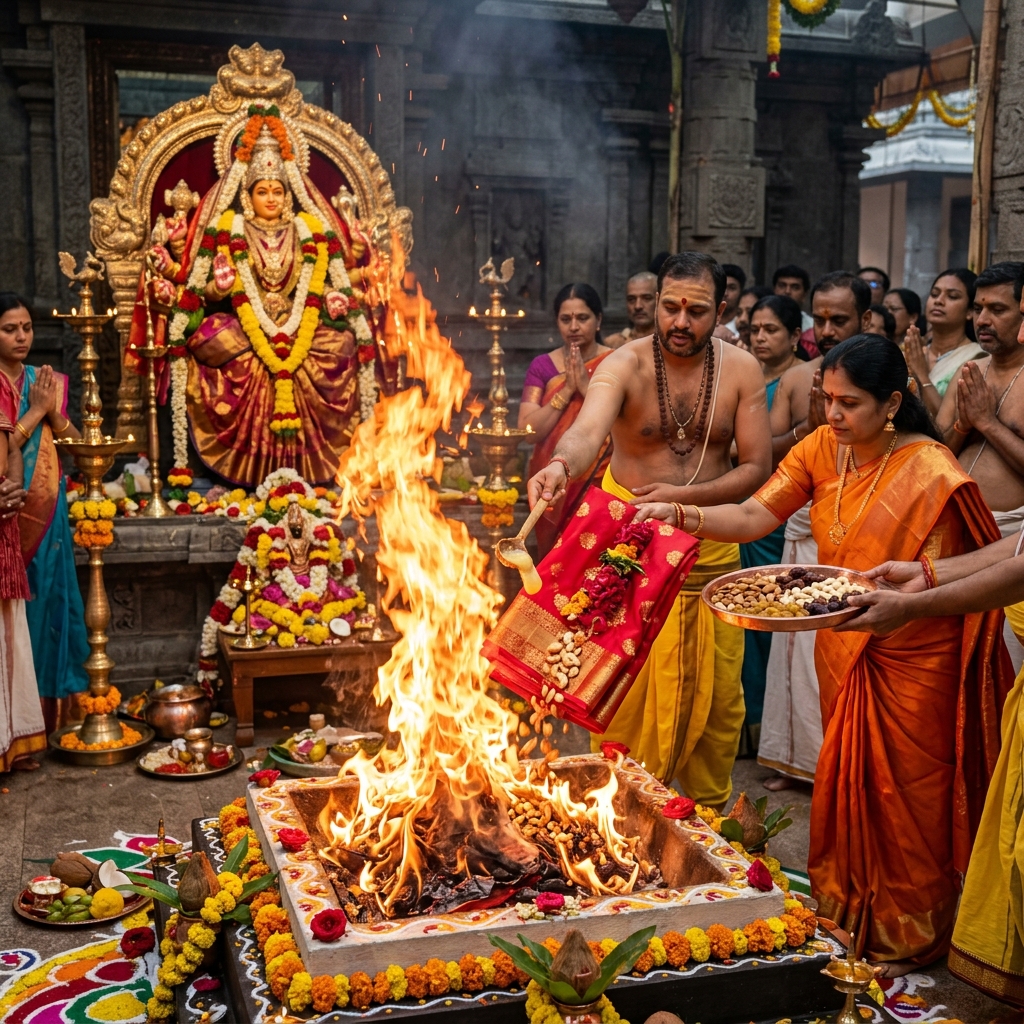 Chandi Homam & Durga Puja - Auspicious Purnahuti offering red silk saree, medicinal herbs, and pure ghee into leaping flames