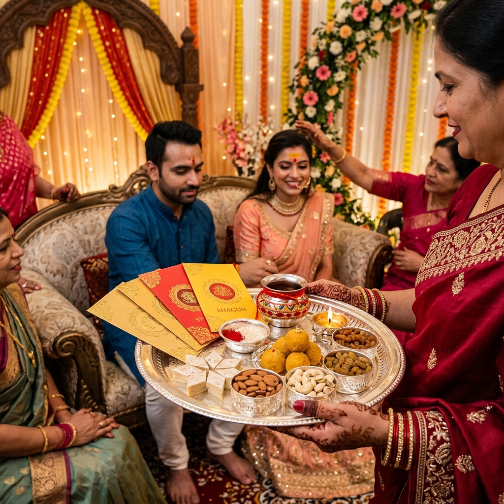Engagement & Roka Puja - Traditional North Indian Roka shagun exchange with silver coins, dry fruits, and sweets