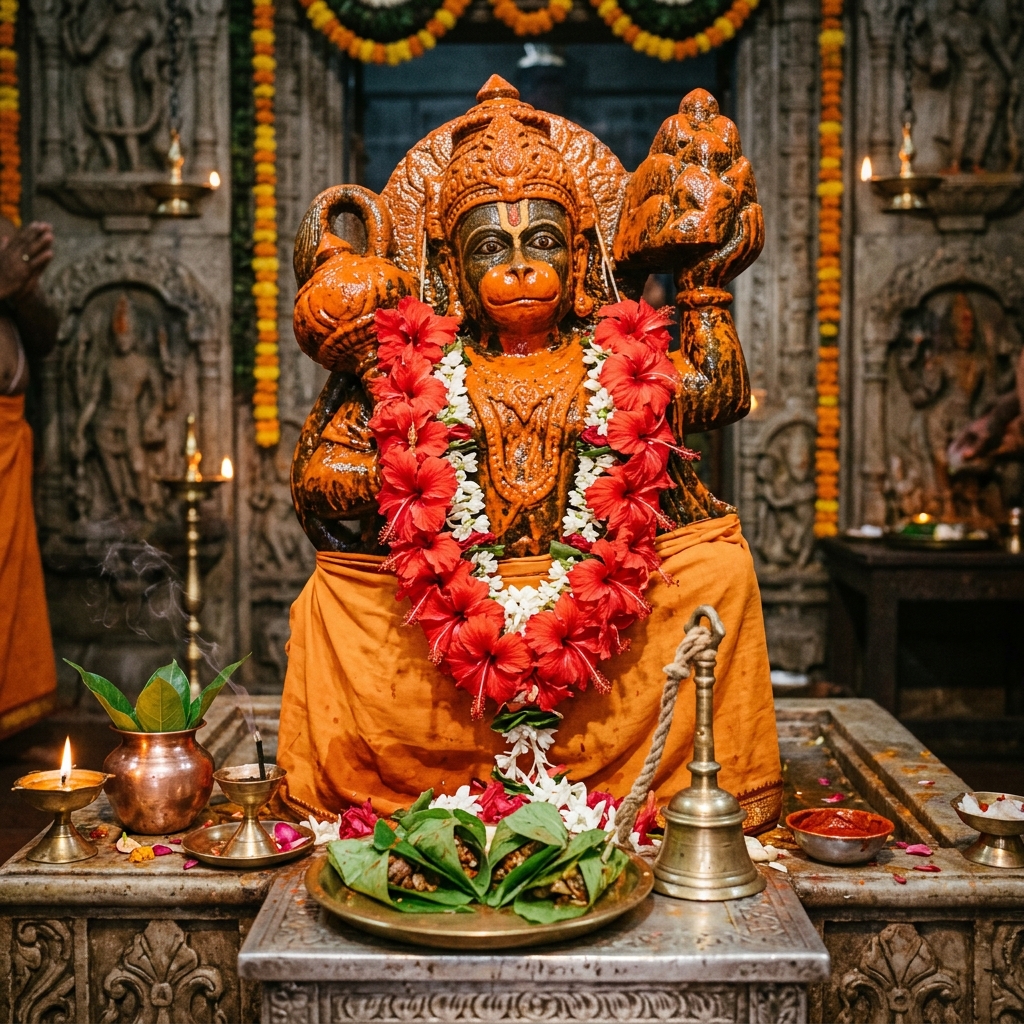 Hanuman Puja & Bajrang Baan - Applying holy orange sindoor with jasmine oil and offering sweet paan beeda to Bajrangbali