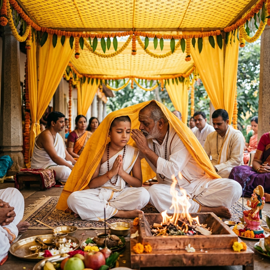 Janeu / Upanayan Sanskar - Sacred Guru initiation of the Gayatri Mantra under auspicious yellow canopy
