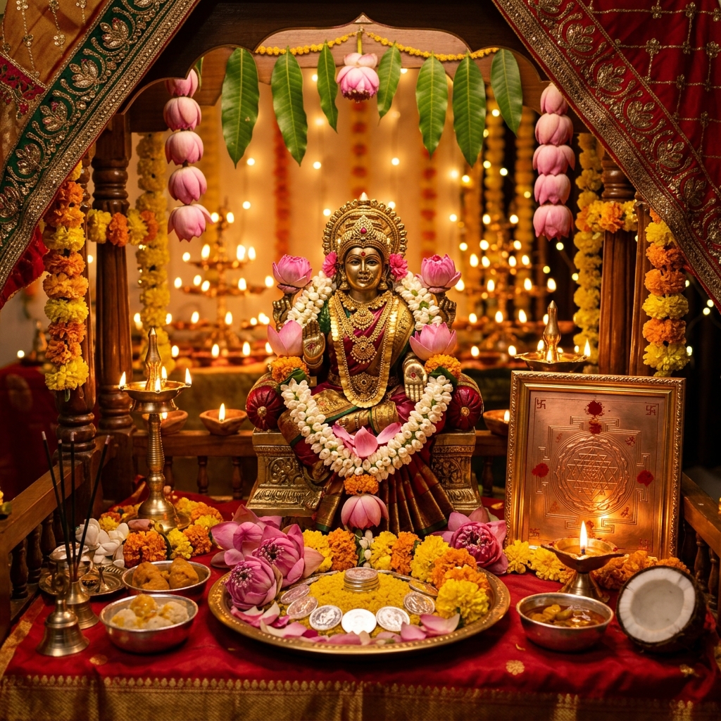 Maha Lakshmi & Diwali Puja - Devotional Goddess Lakshmi altar adorned with pink lotuses, silver coins, and golden lamps