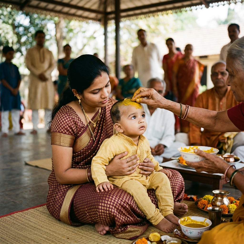 Mundan Sanskar Puja - Gentle first tonsure ritual followed by application of cooling turmeric chandan paste