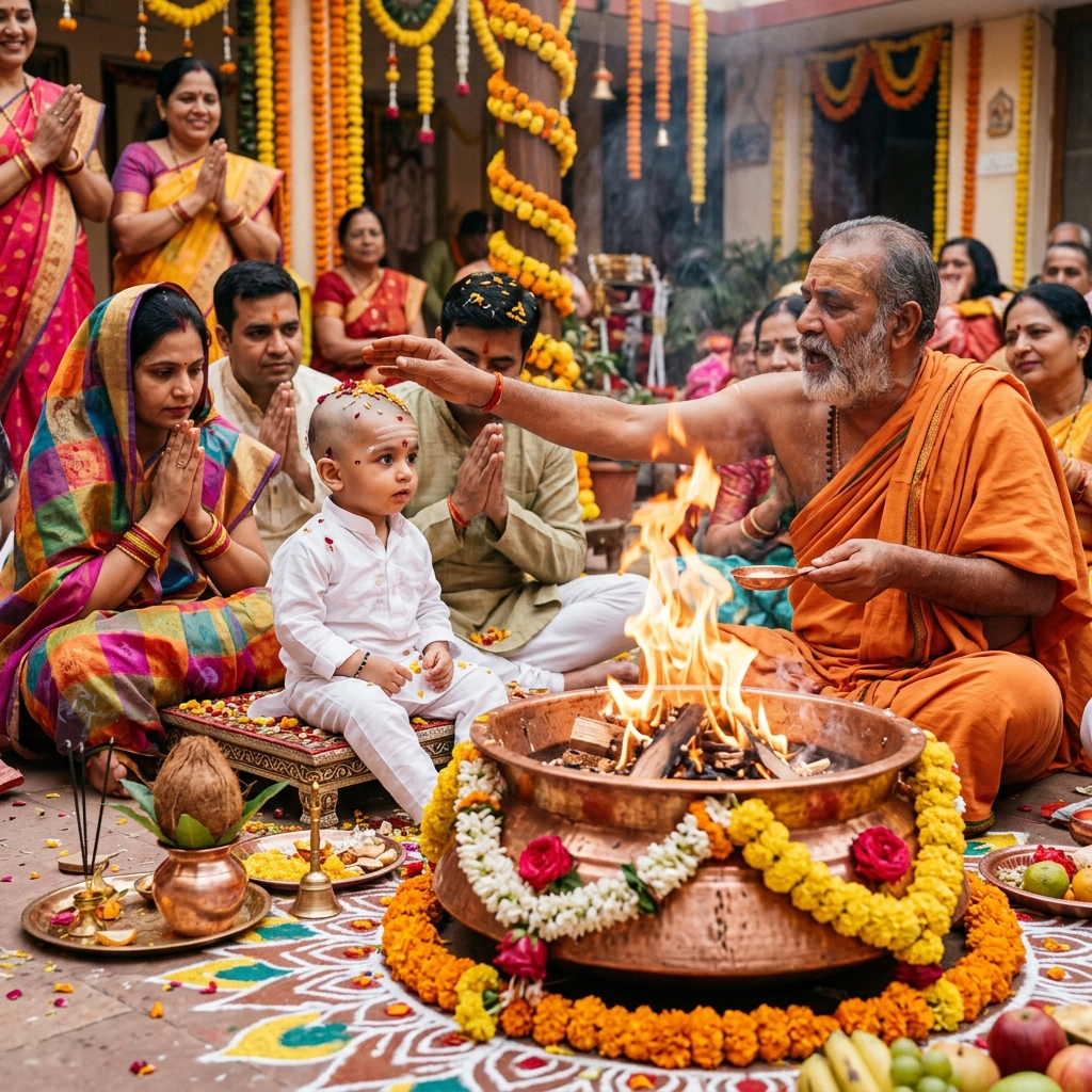 Mundan Sanskar Puja - Sacred homam invoking divine blessings for the child physical vitality and pure intellect