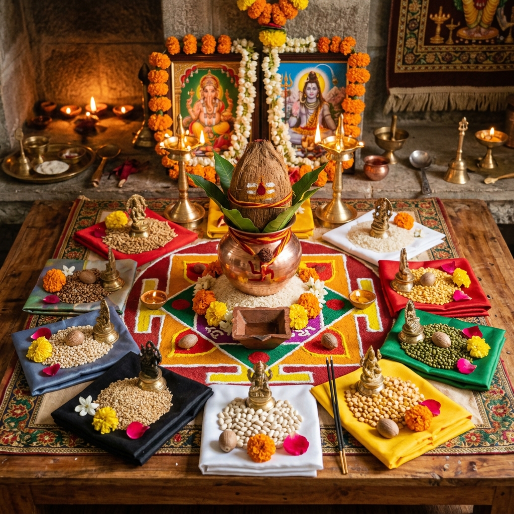 Navagraha Shanti Puja & Havan - Sacred Navagraha altar with 9 planetary colored cloths, authentic grains, and supari