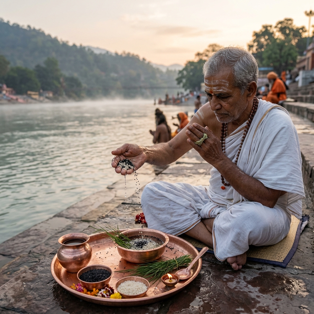 Pitru Dosh Nivaran & Shradh Puja - Sacred Kusha grass Pavitri and black sesame Tarpan on copper vessel for forefathers