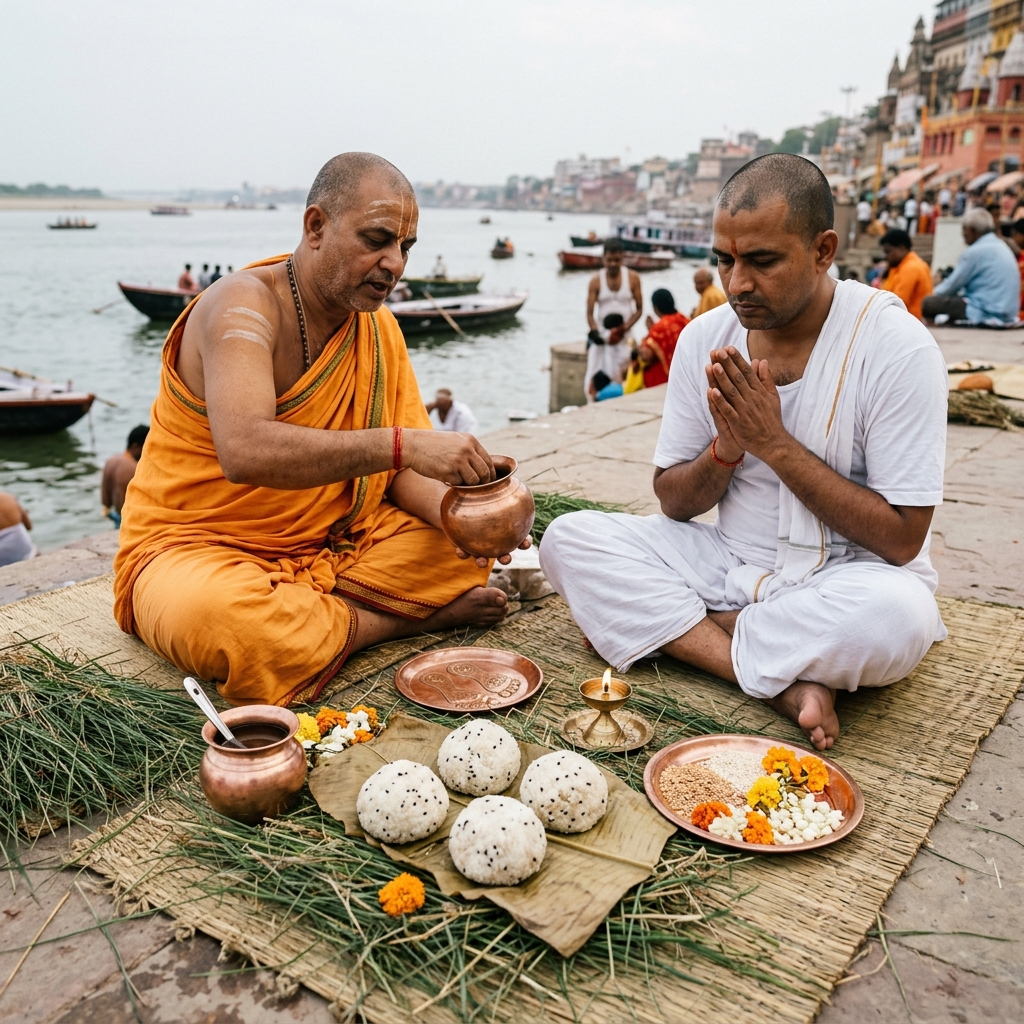 Pitru Dosh Nivaran & Shradh Puja - Offering traditional cooked rice and barley pindas invoking liberation for departed souls