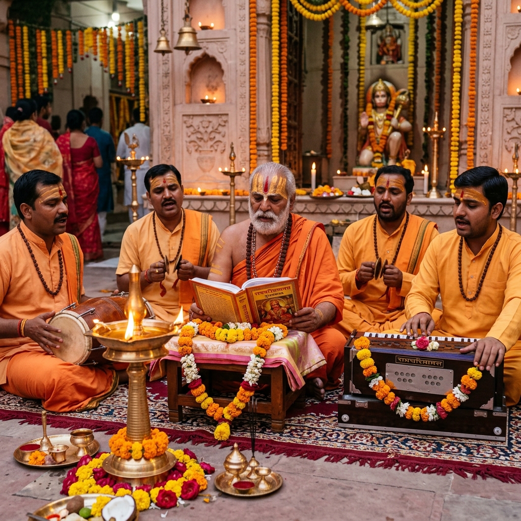 Akhand Ramayan & Sundarkand Path - Team of North Indian Acharyas reciting Sundarkand with harmonium, dholak, and Akhand Jyoti