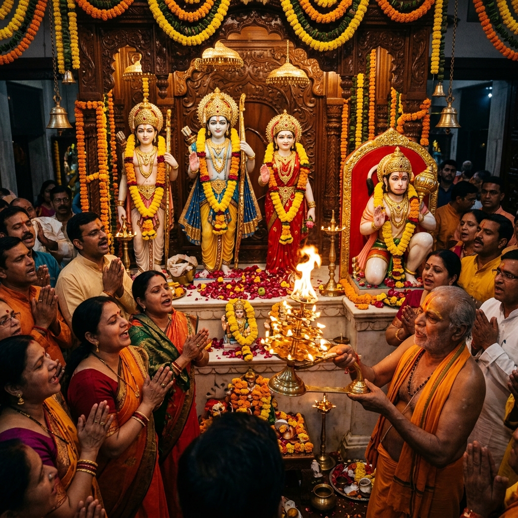 Akhand Ramayan & Sundarkand Path - Devotional Ram Darbar altar illuminated with brass deepaks and camphor aarti