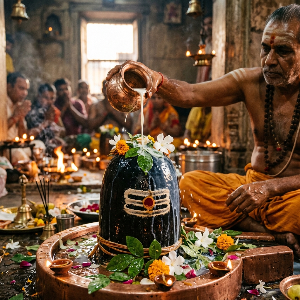 Rudrabhishek & Maha Mrityunjay Jaap - Holy Jaladhari Abhishek on Narmadeshwar Shiva Lingam with milk, honey, and Bilva patra