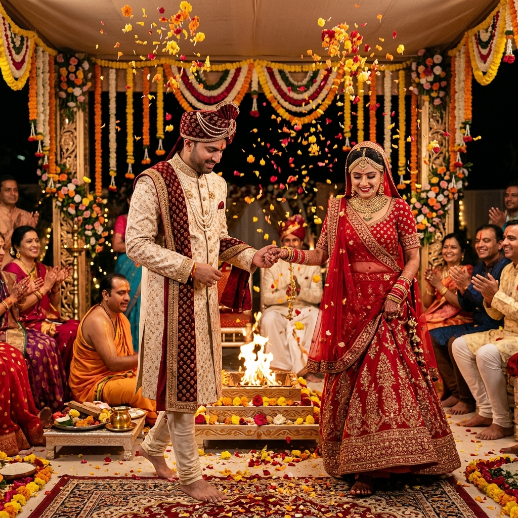 Vivah Sanskar / Marriage Puja - Sacred seven circumambulations (Saptapadi) around the holy Vedic Agni fire